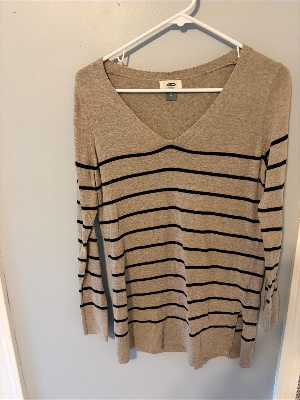 Old Navy Beige and Black Striped V-Neck Sweater Tunic